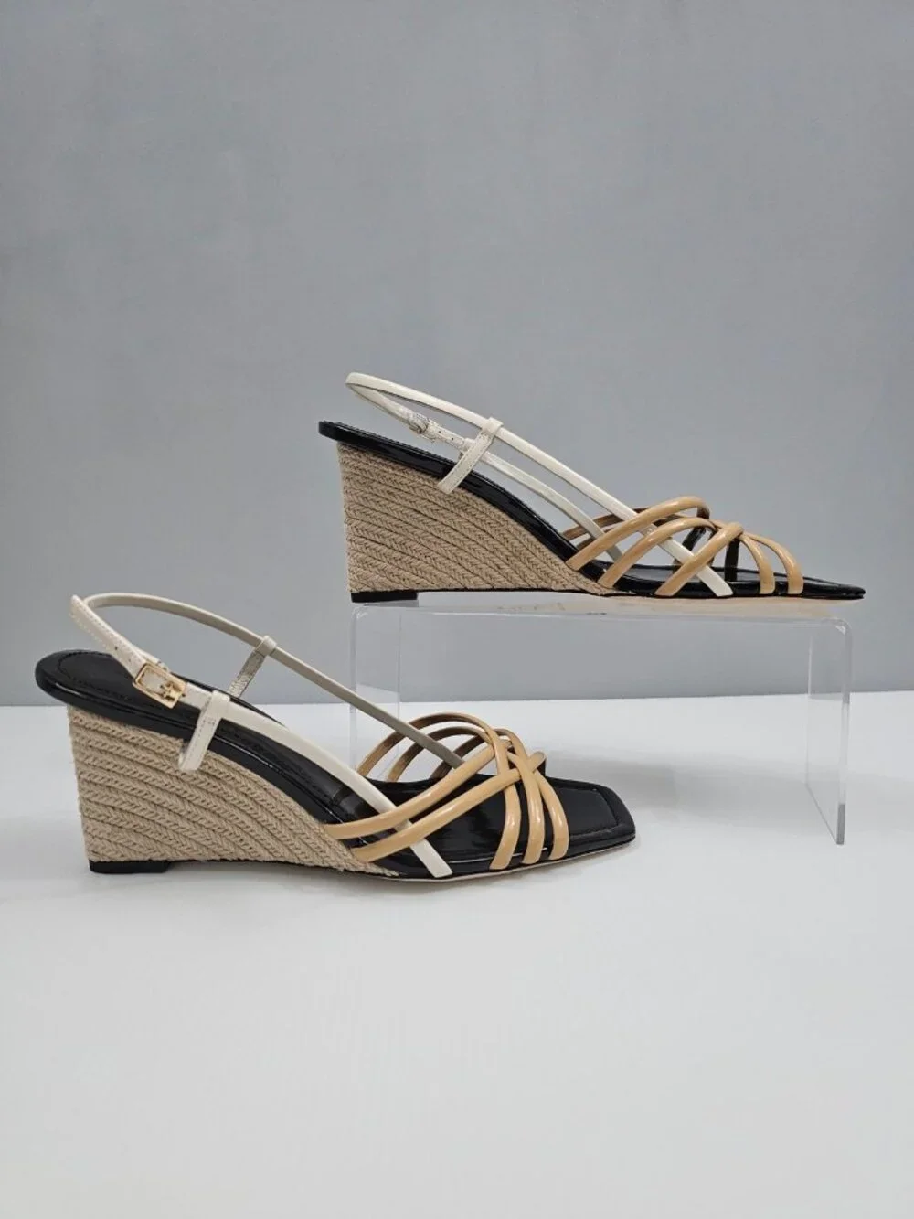 Tory Burch Multi Strap 75mm Espadrille Wedge Womens 9.5 Tan Cream Leather Sandal